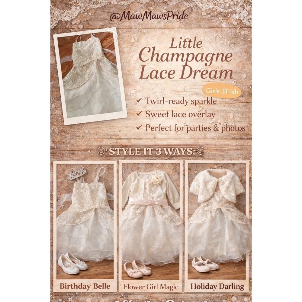 PRETTY PRINCESS‎ TGi Kids Champagne Lace Organza Flower Girl Party Dress Size 4